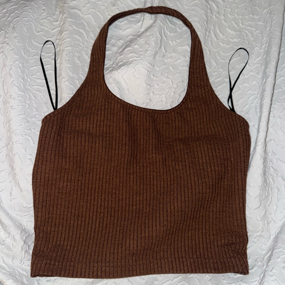 Brown Ribbed Women's Halter Top